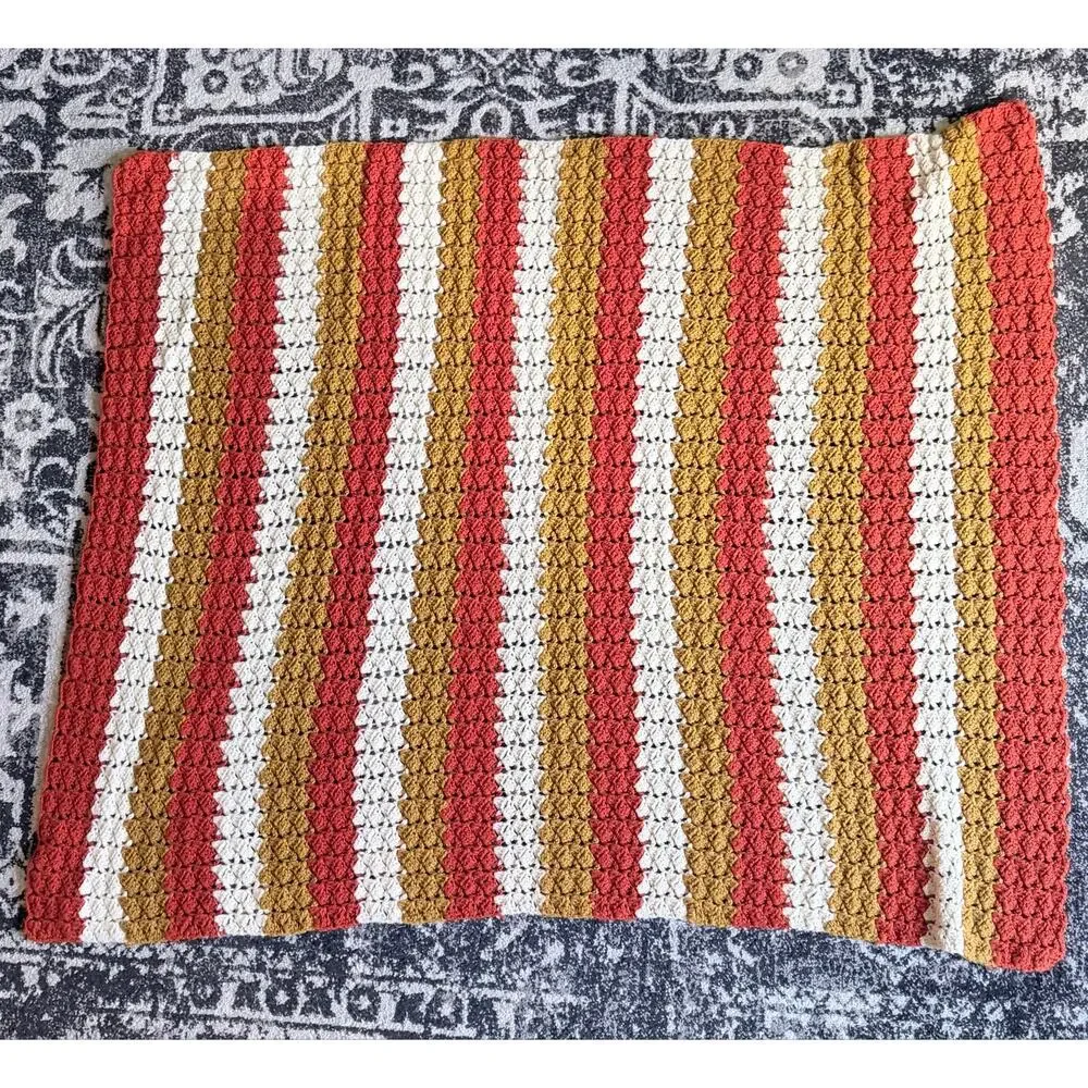 Vintage 70s Handmade Striped Crochet Afghan Orange/yellow/cream Blanket 50x42